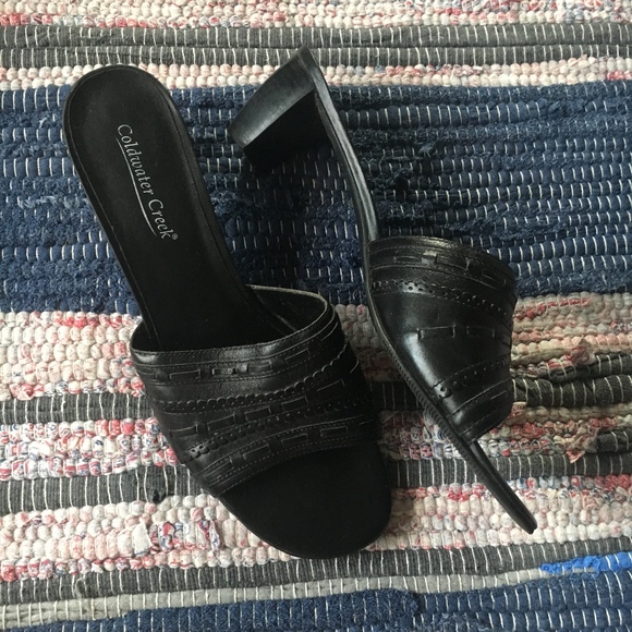 NWOT Coldwater Creek Black Leather Peep Toe Heels - Picture 1 of 5